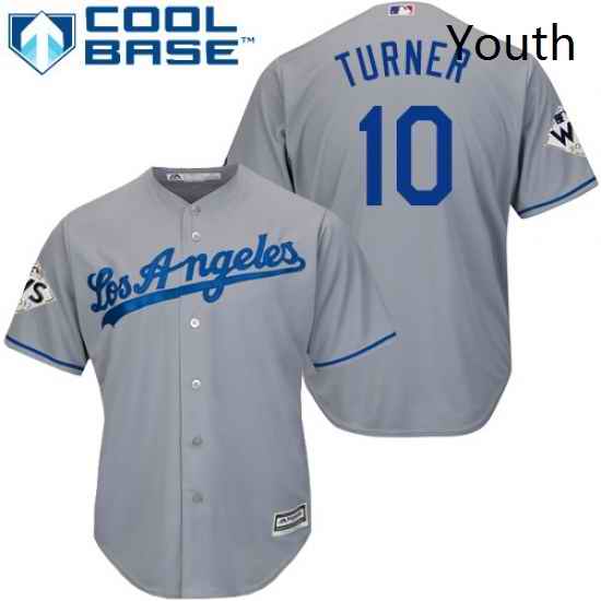 Youth Majestic Los Angeles Dodgers 10 Justin Turner Authentic Grey Road 2017 World Series Bound Cool Base MLB Jersey